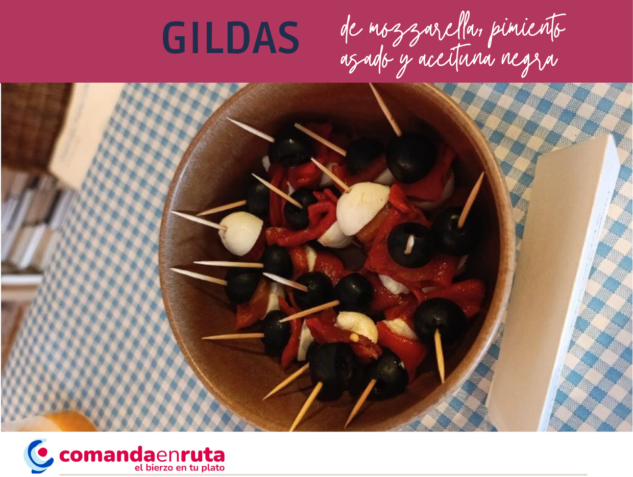 Gildas de mozzarella, pimiento asado y aceituna negra