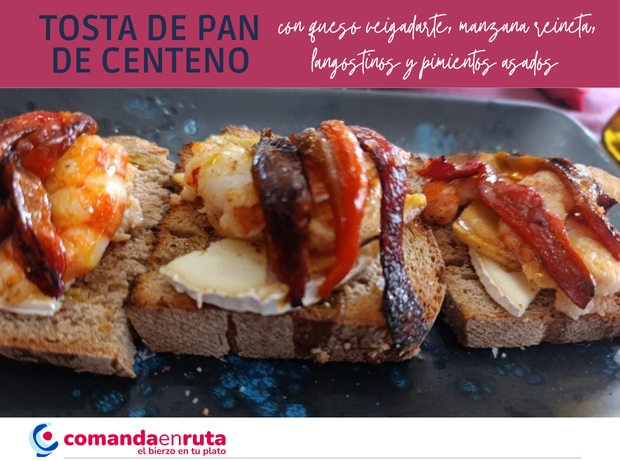 Tosta de pan de centeno con queso veigadarte, manzana reineta, langostinos y pimientos asados 
