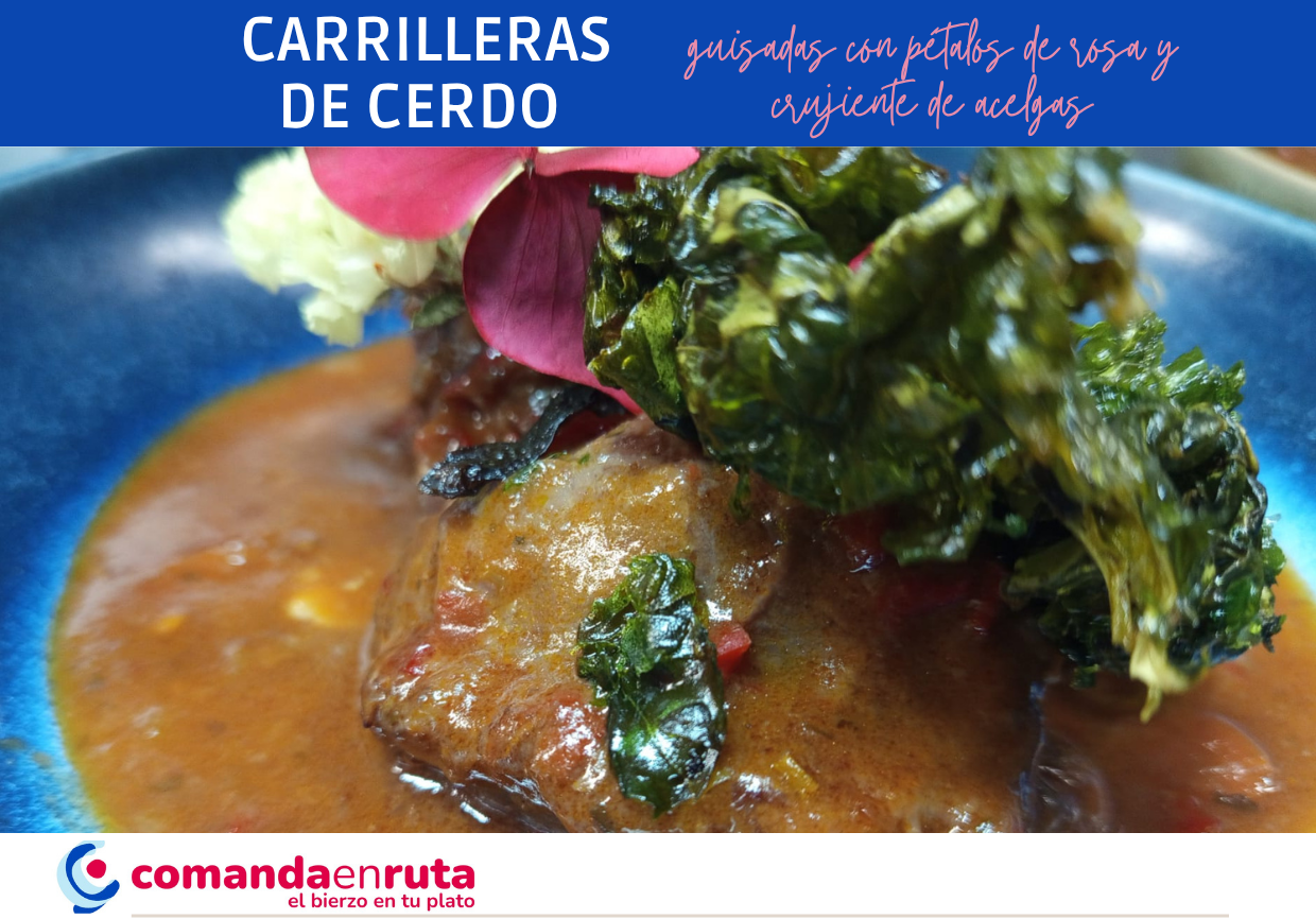 Carrilleras de Cerdo Guisadas con Pétalos de Rosa y Crujiente de Acelgas