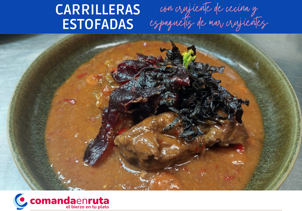Carrilleras Estofadas con Crujiente de Cecina y Espaguetis de Mar Crujientes