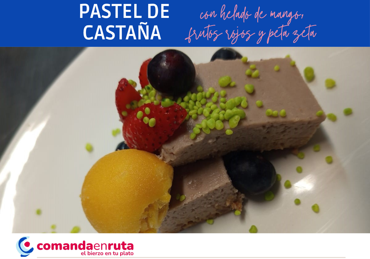 Pastel de Castaña con Helado de Mango, Frutos Rojos y Peta Zeta