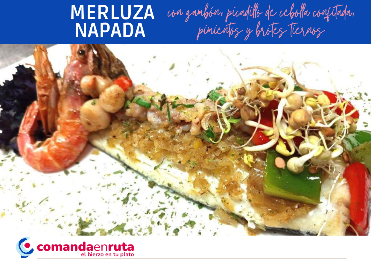 Merluza napada con gamb&oacute;n, picadillo de cebolla confitada, pimientos y brotes tiernos