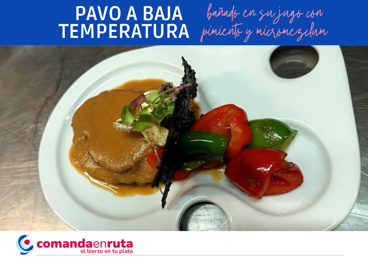 Pavo a baja temperatura ba&ntilde;ado en su jugo con pimiento y micromezclum