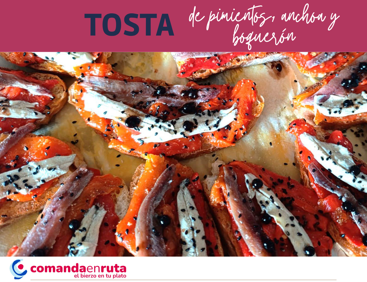 Tosta de pimientos, anchoa y boquer&oacute;n