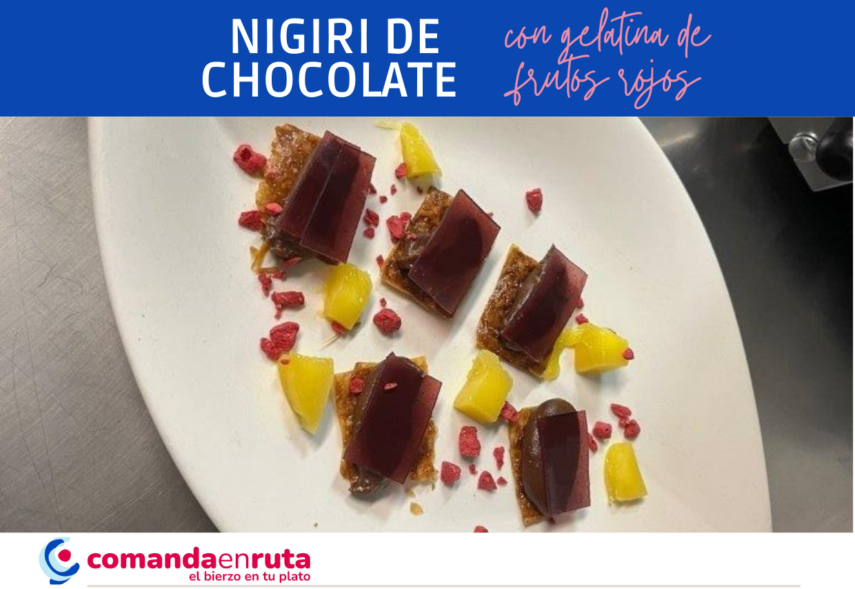Nigiri de chocolate con gelatina de frutos rojos